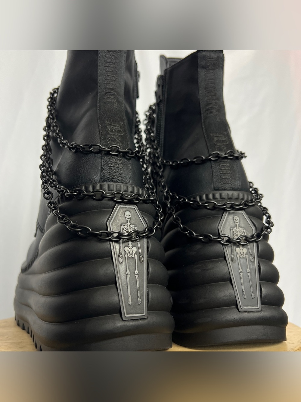 Black Demonia Morte-65 Skeleton Chained Wedge Platform Boots - Picture 5 of 8